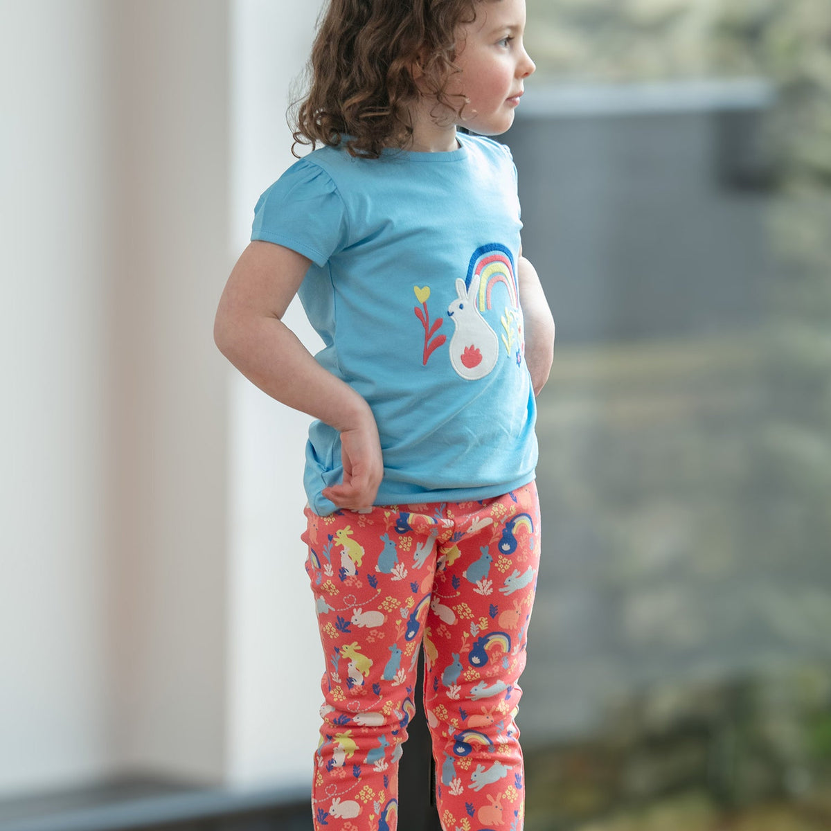 Short sleeve top- rainbow bunny appliqué