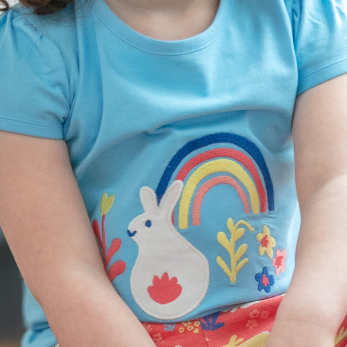 Short sleeve top- rainbow bunny appliqué