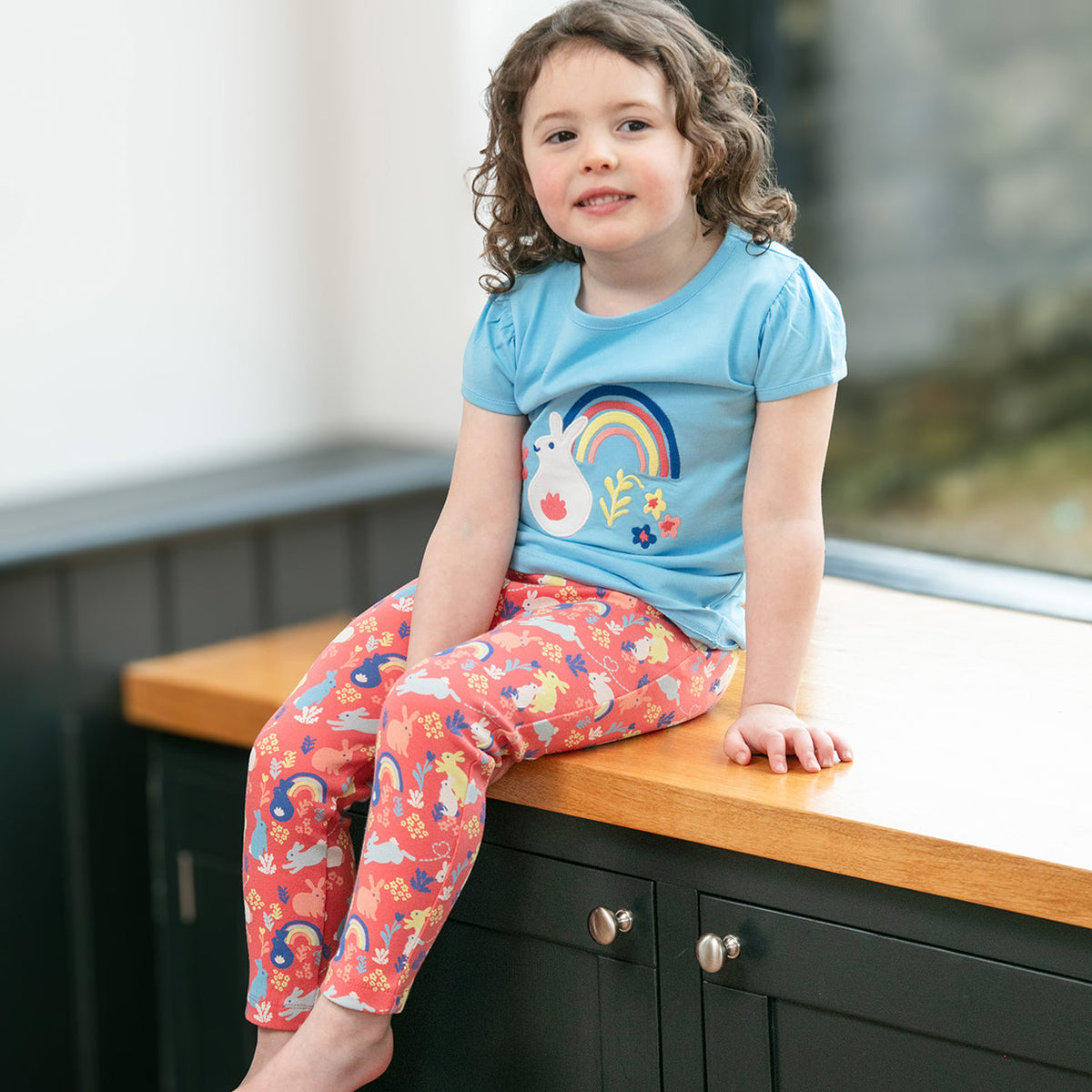 Short sleeve top- rainbow bunny appliqué
