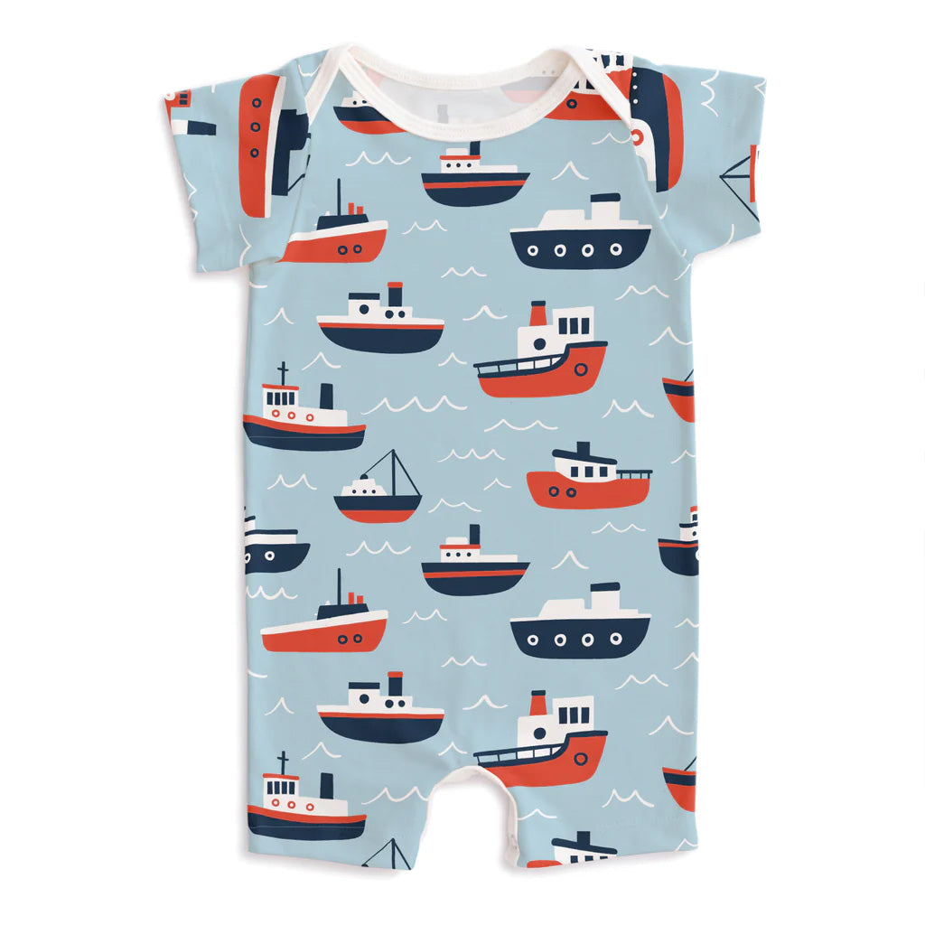 Summer romper- pale blue tugboats