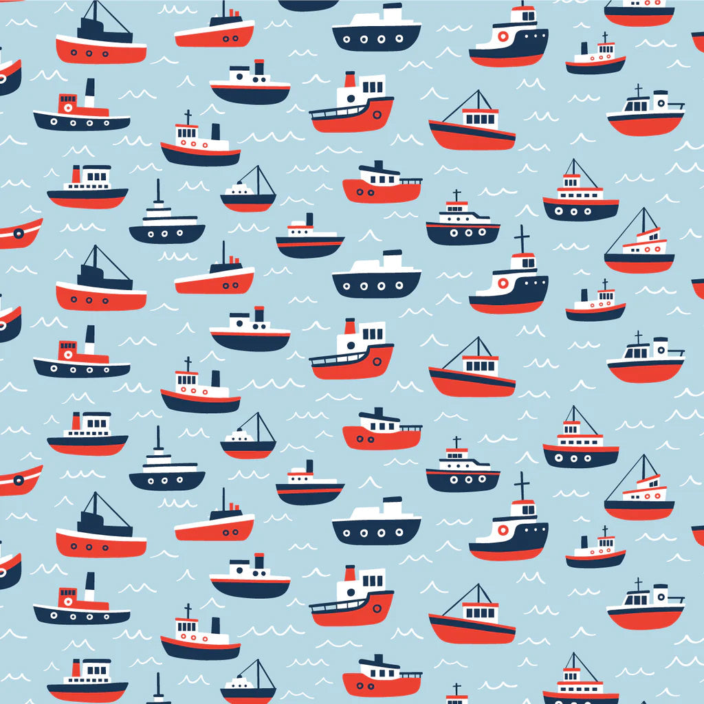 Summer romper- pale blue tugboats
